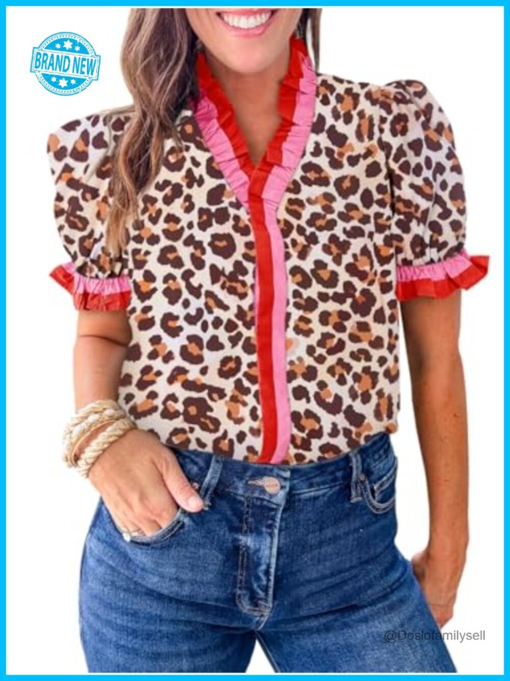 Womens Floral Print Button Down Blouse Puff Sleeve Ruffle V Neck Top